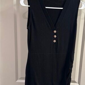 Sleeveless Black V-Neck Dress with Button Detail